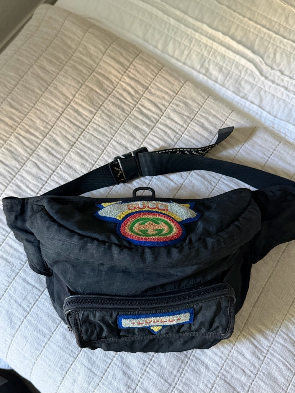 Gucci Nylon Black Belt Bag with Colorful Embroidered